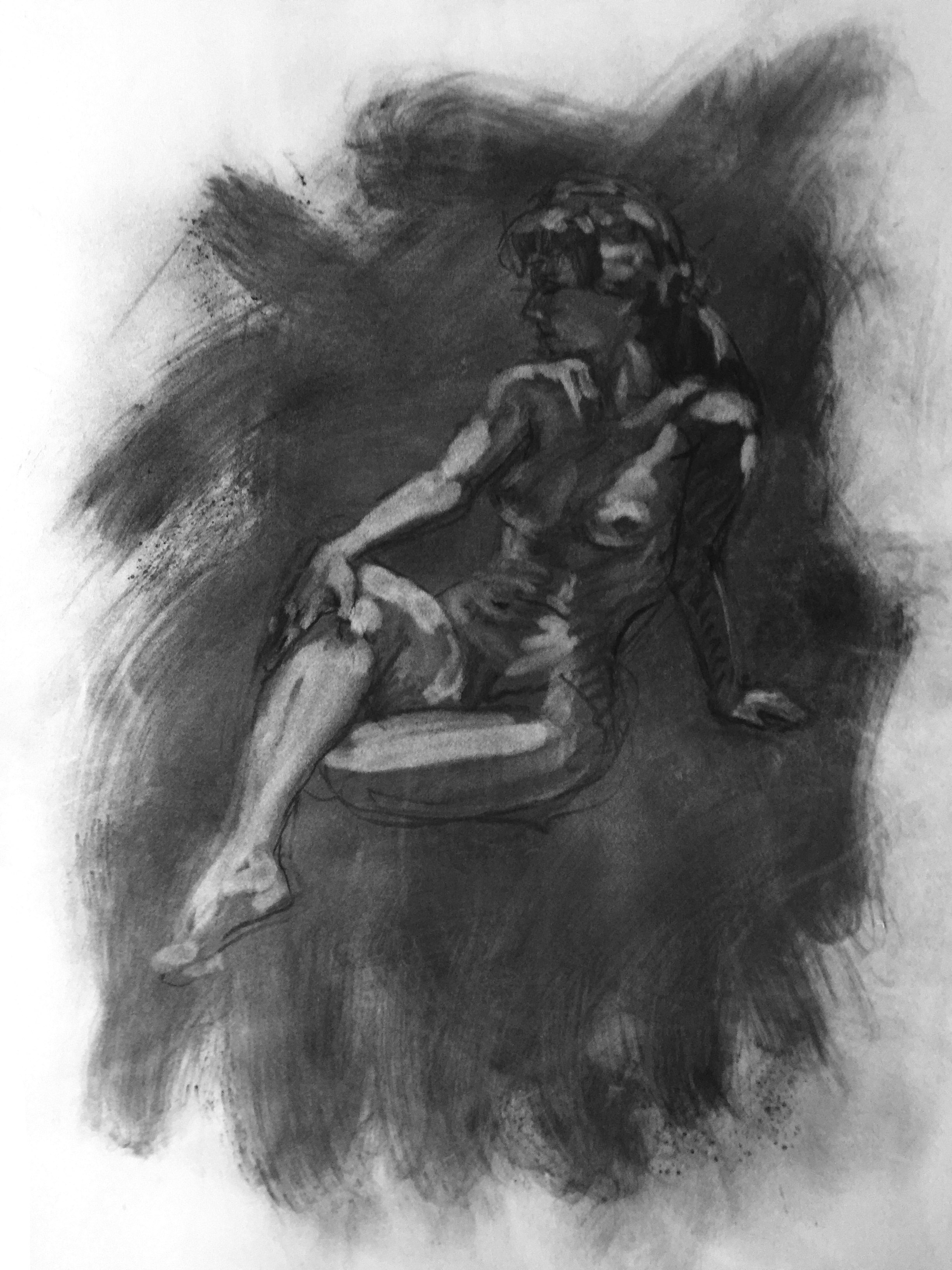 charcoal drawing woman seated